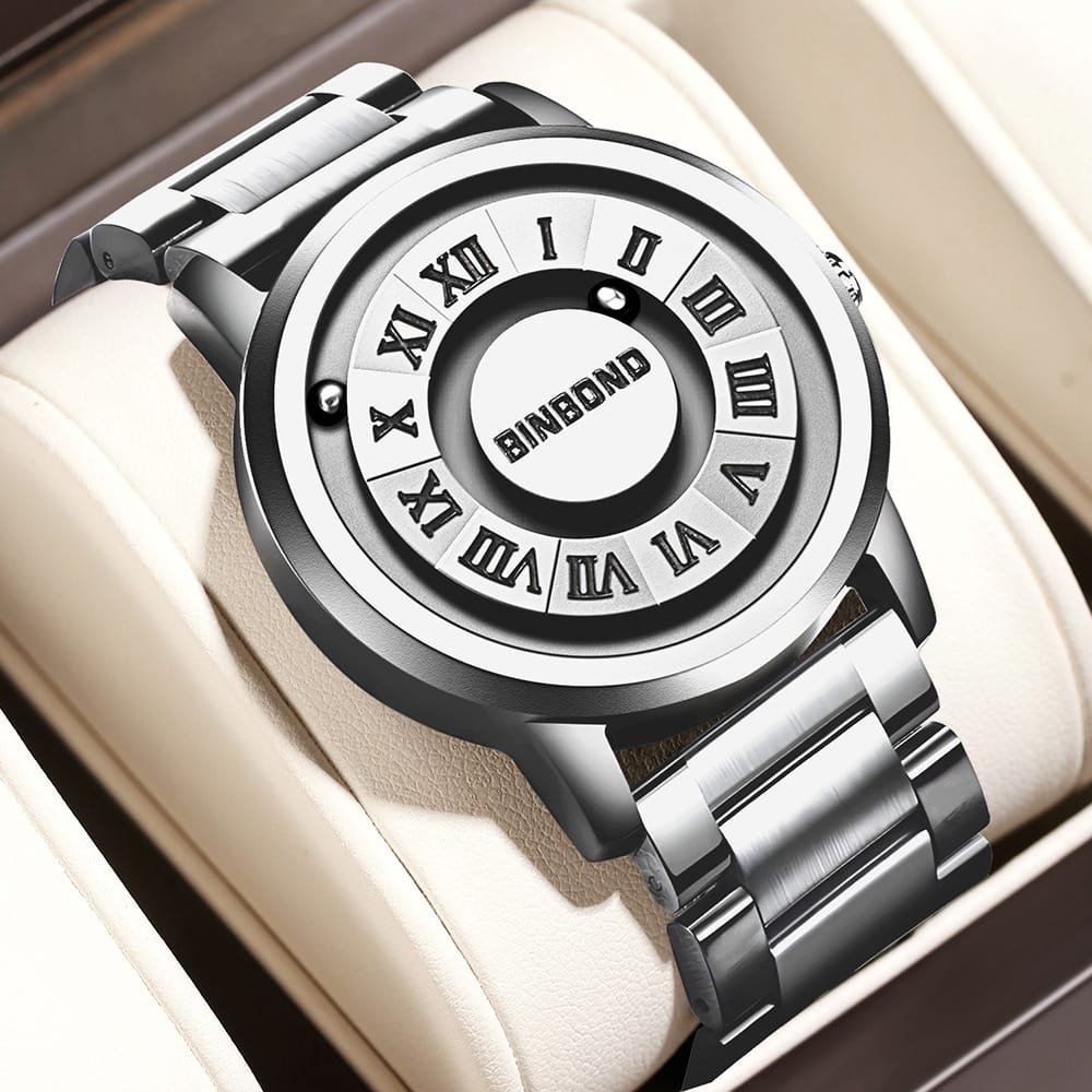BINBOND Black Magnetic Ball Stainless Steel Watch for Men - Minimalist Unique Roman Dial Wrist Watch